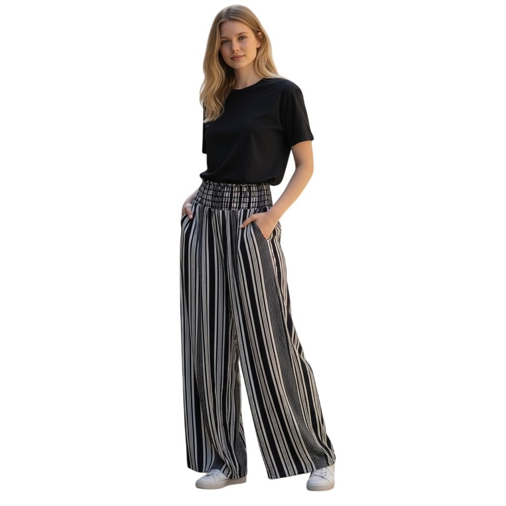 Boom Boom Jeans BBJ Navy White Striped Wide Leg Smocked Pants V14357Z